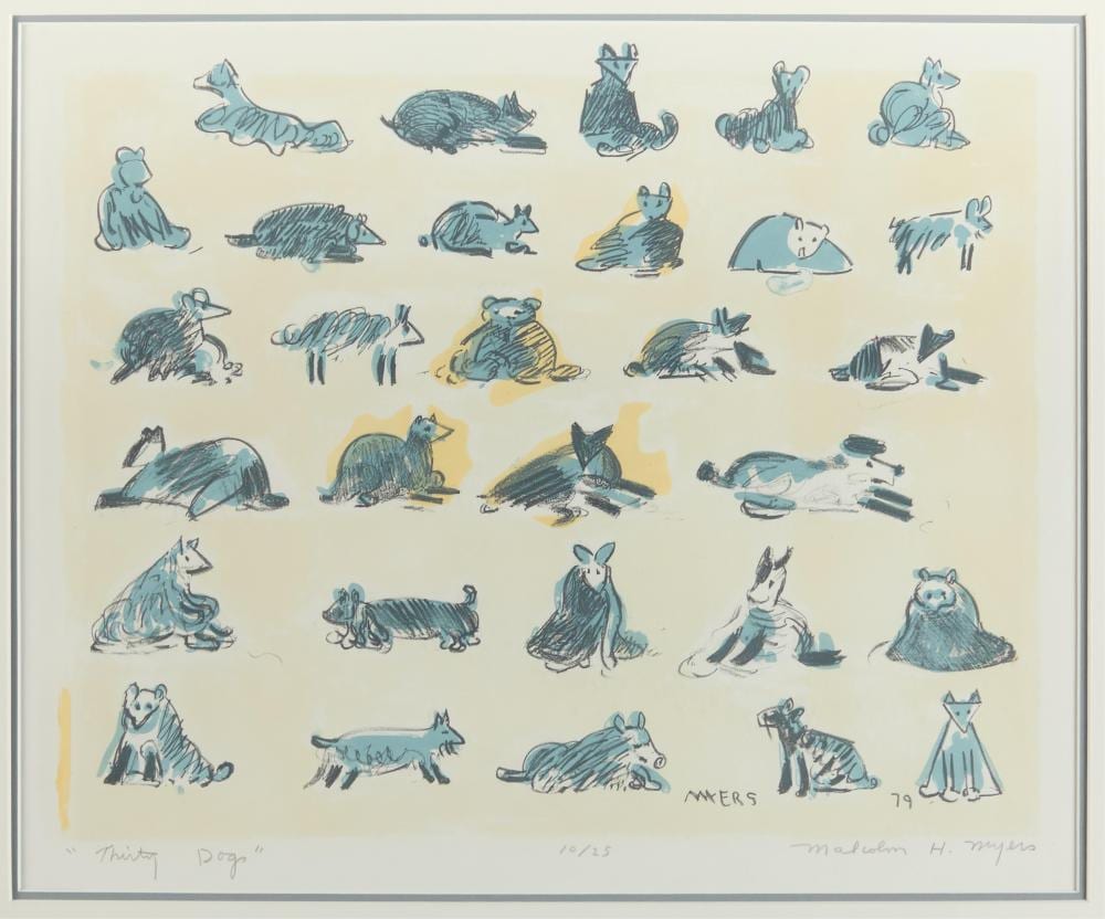 Malcolm Myers comparable auction result: malcolm myers 30 dogs lithograph 1979