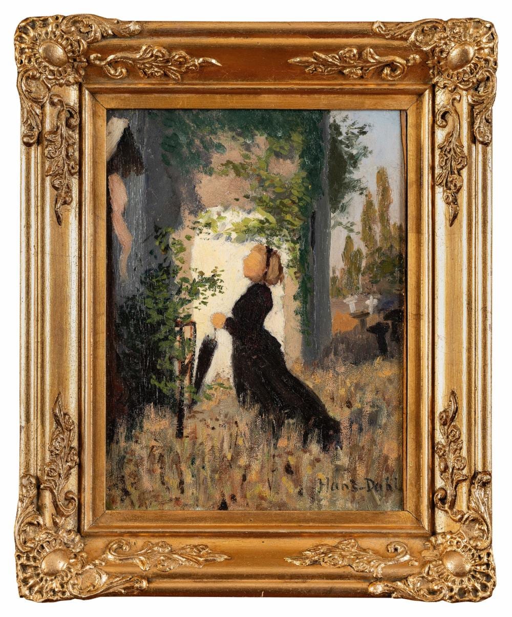 Hans Dahl comparable auction result: hans dahl den sortkledde damen foran kirken 1870 t