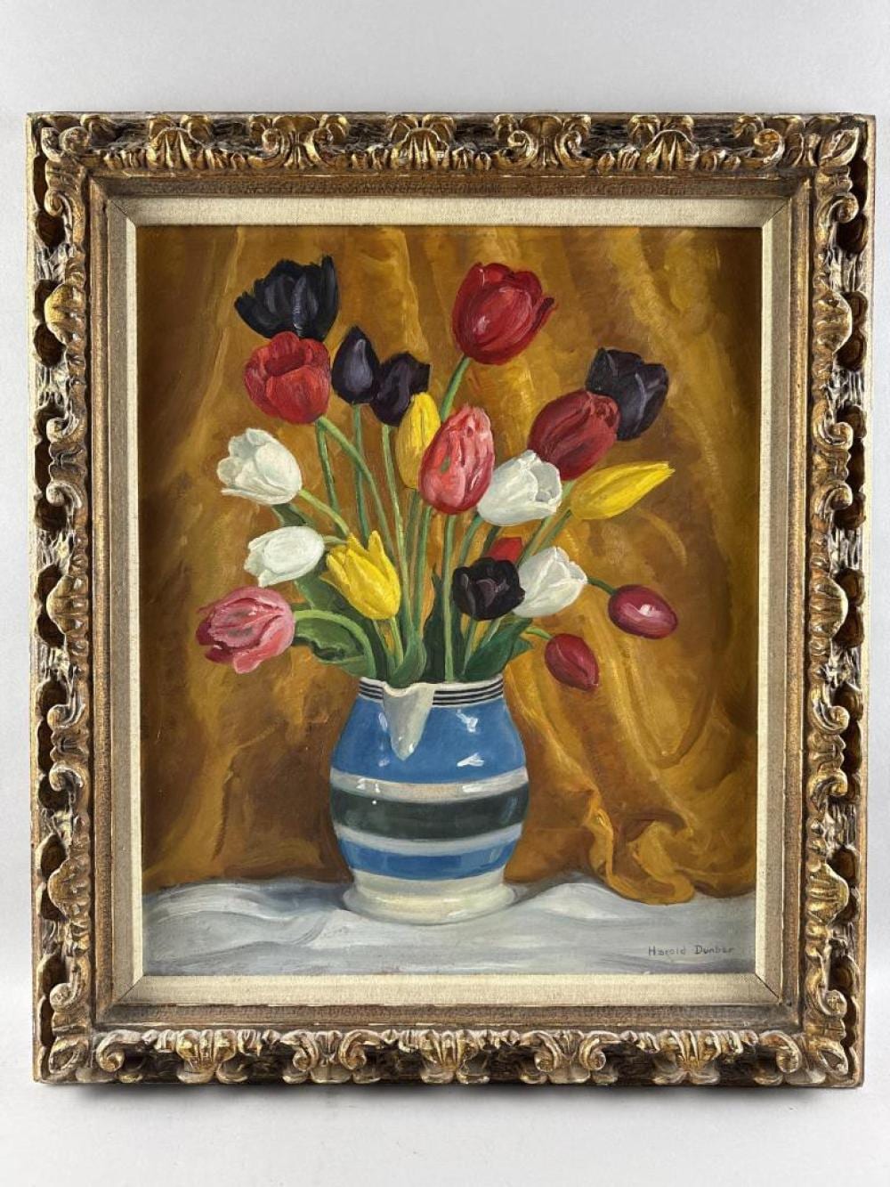 Harold C. Dunbar comparable auction result: harold c dunbar massachusetts 1882 1953 tulips in a pitcher oil on board 24 x 20 framed 31 x 26