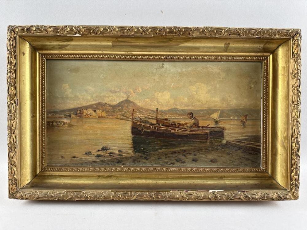 Giuseppe Carelli comparable auction result: giuseppe carelli italy 1858 1921 view of mount vesuvius from naples bay oil on panel 8 5 x 16 5 framed 12 5 x 20 5