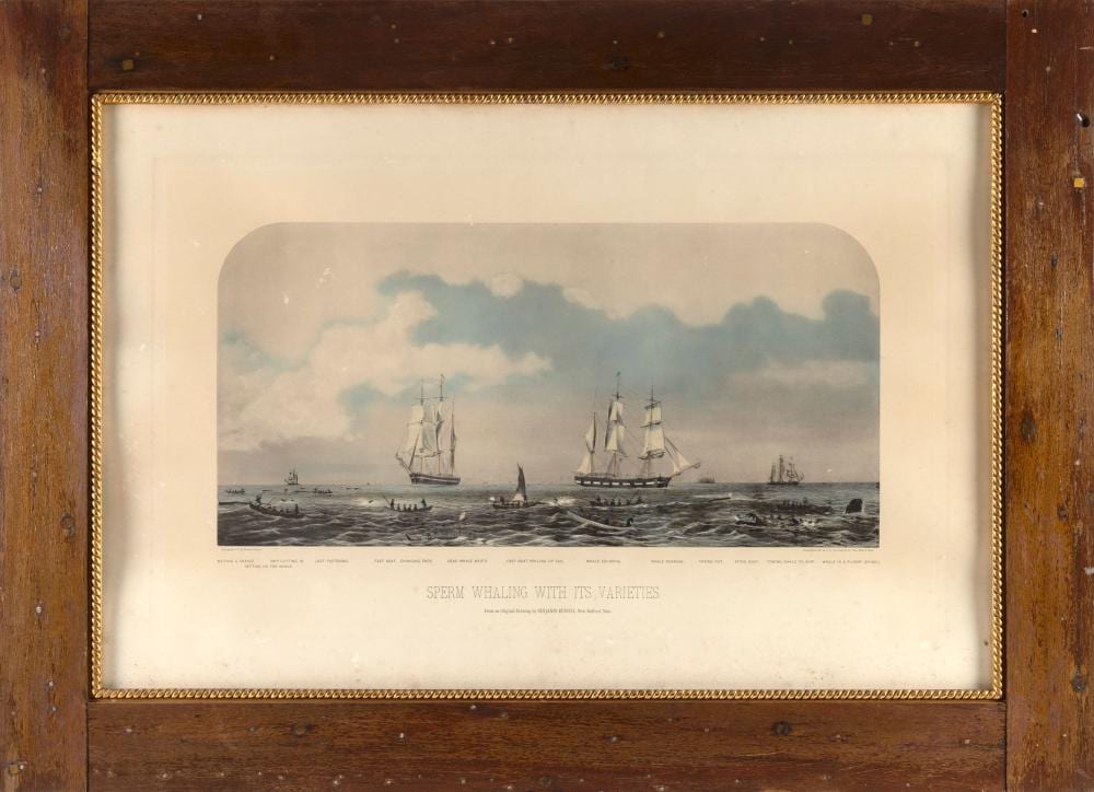 Benjamin Russell comparable auction result: benjamin russell massachusetts rhode island 1804 1885 sperm whaling with its varieties 1870 colored lithograph 18 x 33 framed 29 5 x 41