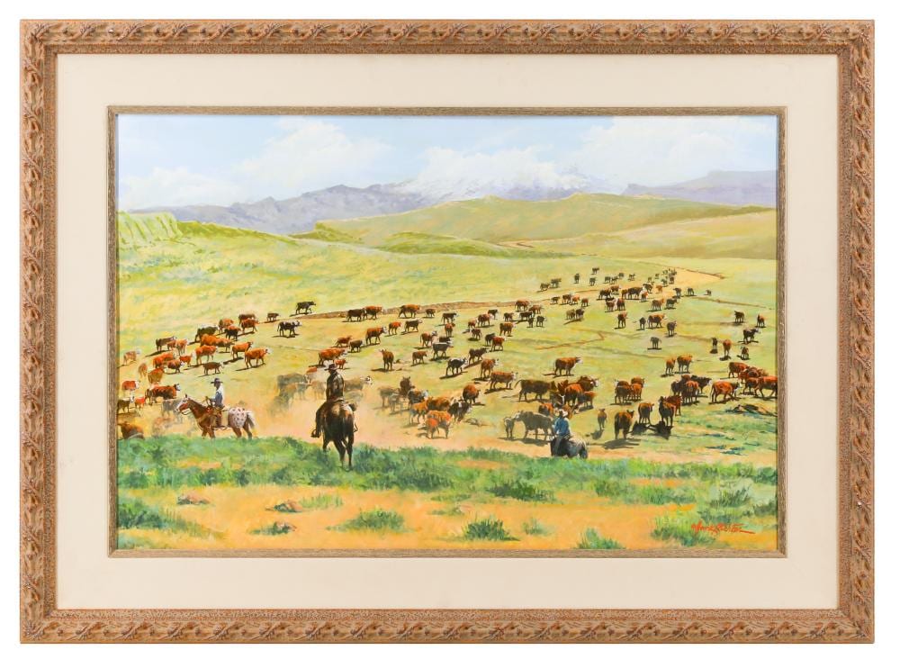 Hank Richter comparable auction result: hank richter herding cattle oil on board