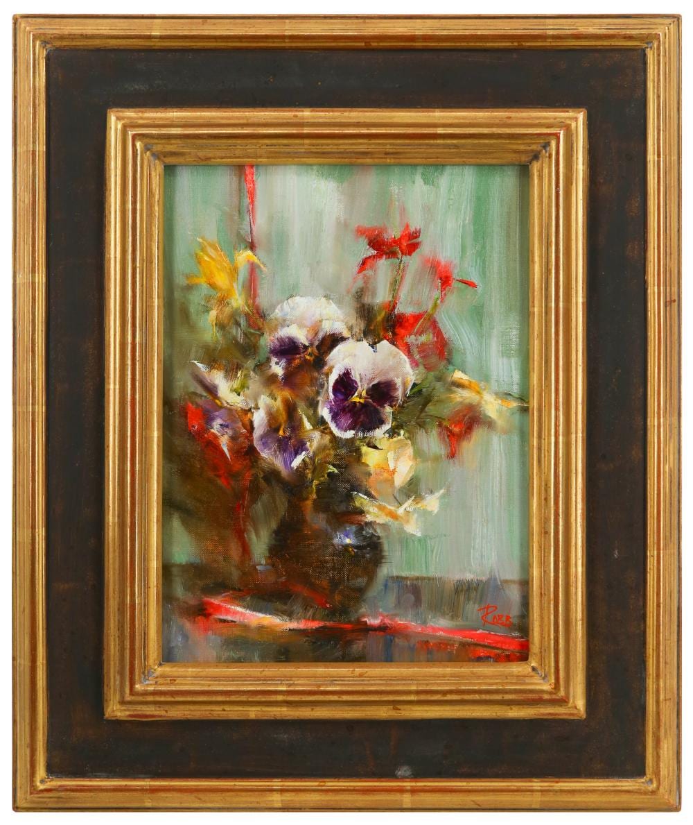 Laura Robb comparable auction result: laura robb pansies with red ribbon oil on board