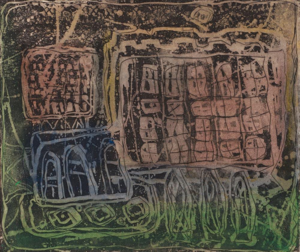 Louise Nevelson comparable auction result: louise nevelson very early color etching circus wagon 1950s