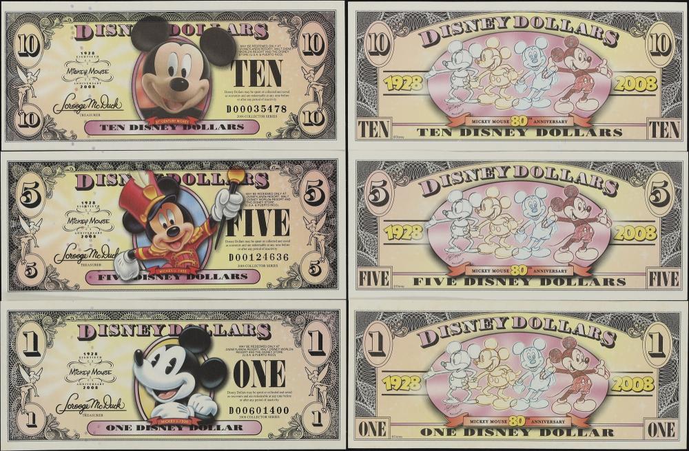 Lot of (3) Disney Dollars. 2008 $1, $5, & $10. Choice Uncirculated to Gem Uncirculated. sold by Stack's Bowers Galleries, lot 97296 — auction record photograph