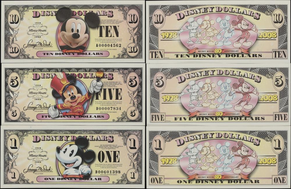 Lot of (3) Disney Dollars. 2008 $1, $5, & $10. Choice Uncirculated to Gem Uncirculated. sold by Stack's Bowers Galleries, lot 97297 — auction record photograph