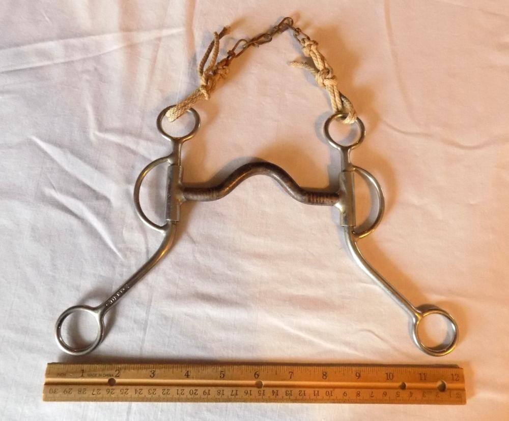 Antique-style metal horse bit with curved mouthpiece, side rings, and braided straps on a white fabric background.