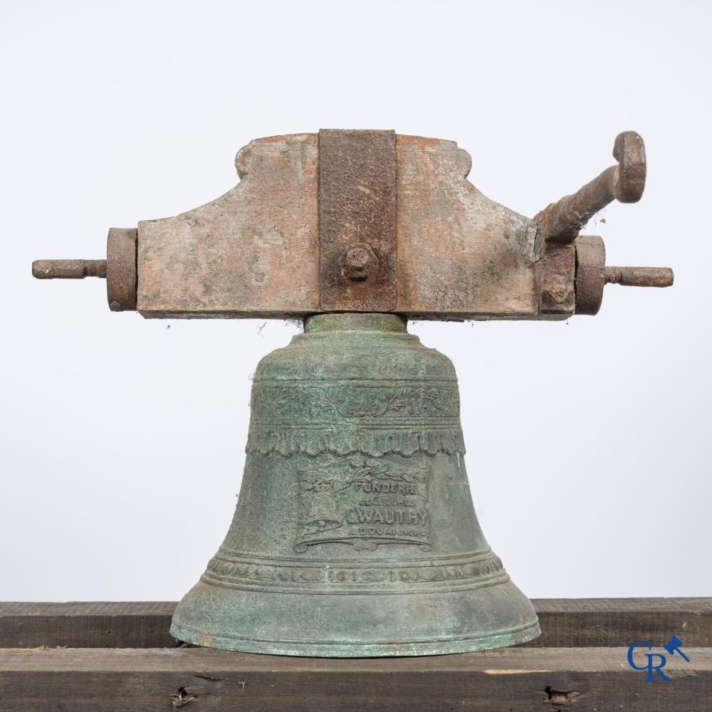 Religious objects. Antique bronze church bell with wooden yoke. Fonderie des cloches C. Wauthy à Douai. sold by CR Art Auctions, lot 138 — auction record photograph