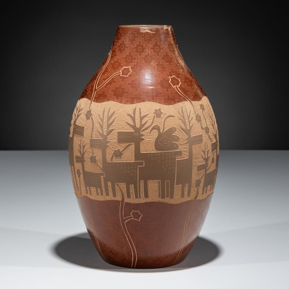 Jody Naranjo comparable auction result: jody naranjo santa clara b 1969 redware pottery jar with sgraffito deer and parrots 1999
