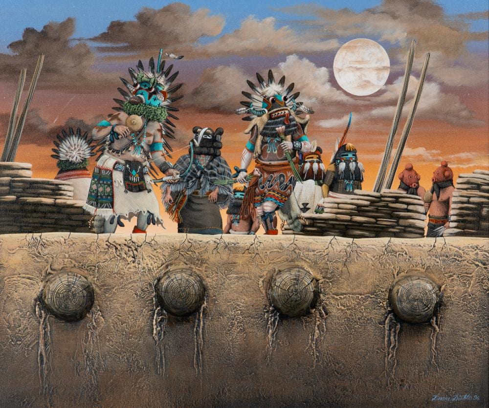 Duane Dishta comparable auction result: duane dishta zuni 1946 2011 mix kachinas on the rooftop 1996