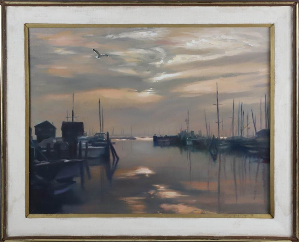 PAUL LONGENECKER comparable auction result: paul longenecker oil on canvas nantucket boat basin at dusk