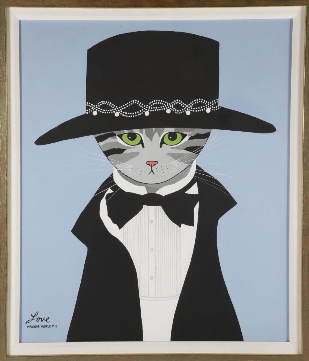 Maggie Meredith comparable auction result: maggie meredith oil on canvas tuxedo dressed cat in a black hat