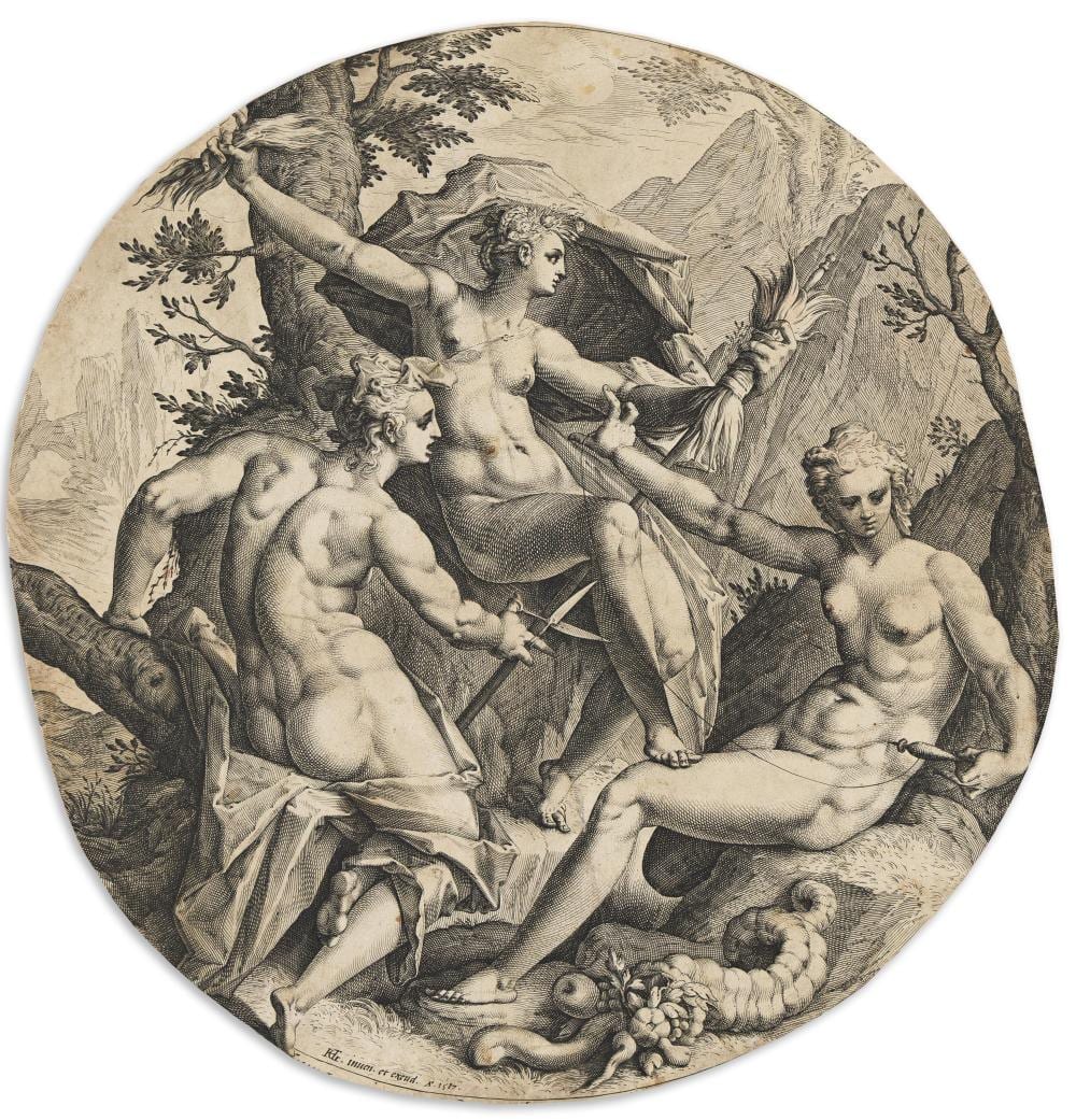 jacob matham 1571 1631 after hendrick goltzius the three fates 1587 · Swann Auction Galleries · 2026-04-16 Jacob Matham comparable auction result: jacob matham 1571 1631 after hendrick goltzius the three fates 1587