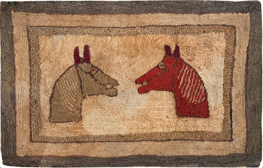 No Reserve - Antique Horse Design American Hooked Folk Art Rug 3 ft x 1 ft 11 in (0.91 m x 0.58 m) sold by Nazmiyal Auctions, lot 219 — auction record photograph