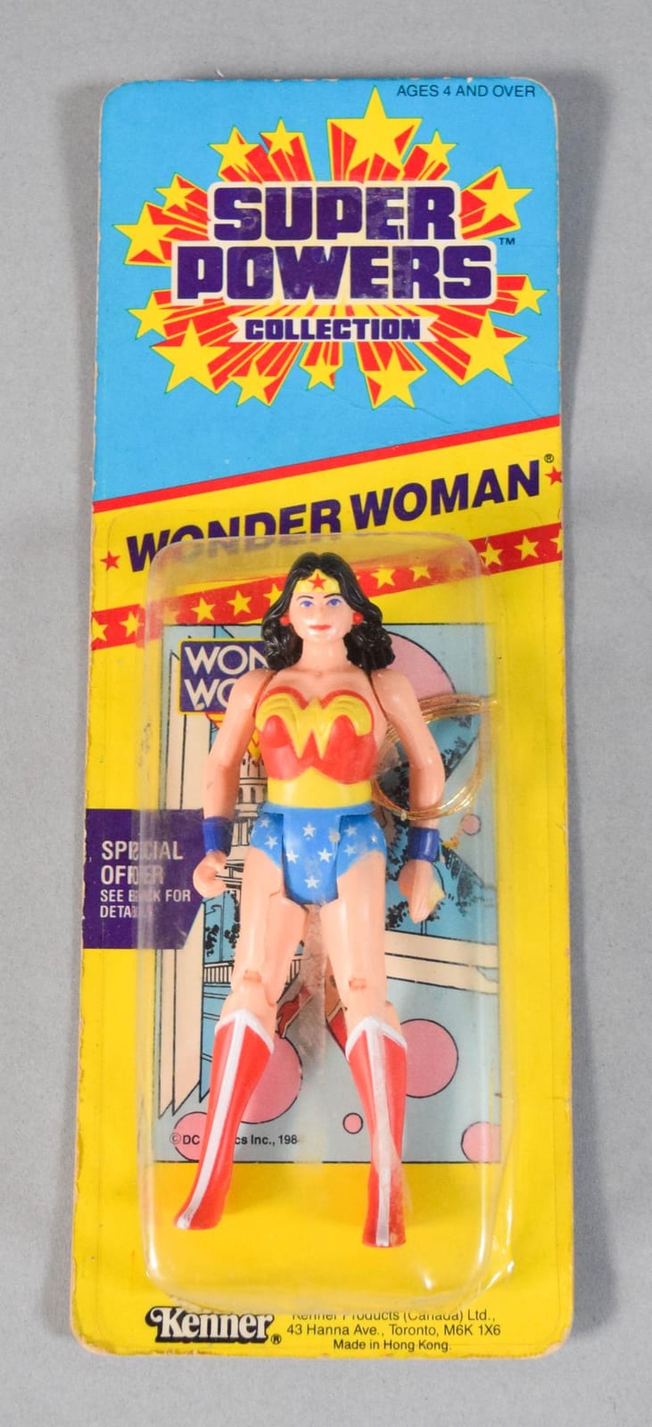 Carded Wonder Woman Super Powers Collection action figure in a clear plastic blister on a blue and yellow Kenner package.