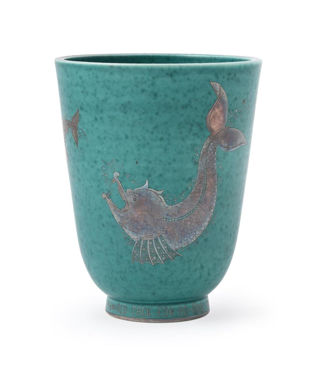 wilhelm k ge 1889 1960 for gustavsberg an argenta vase with fish 1946 · Dreweatts 1759 Fine Sales · 2026-04-14 Wilhelm Kåge comparable auction result: wilhelm k ge 1889 1960 for gustavsberg an argenta vase with fish 1946