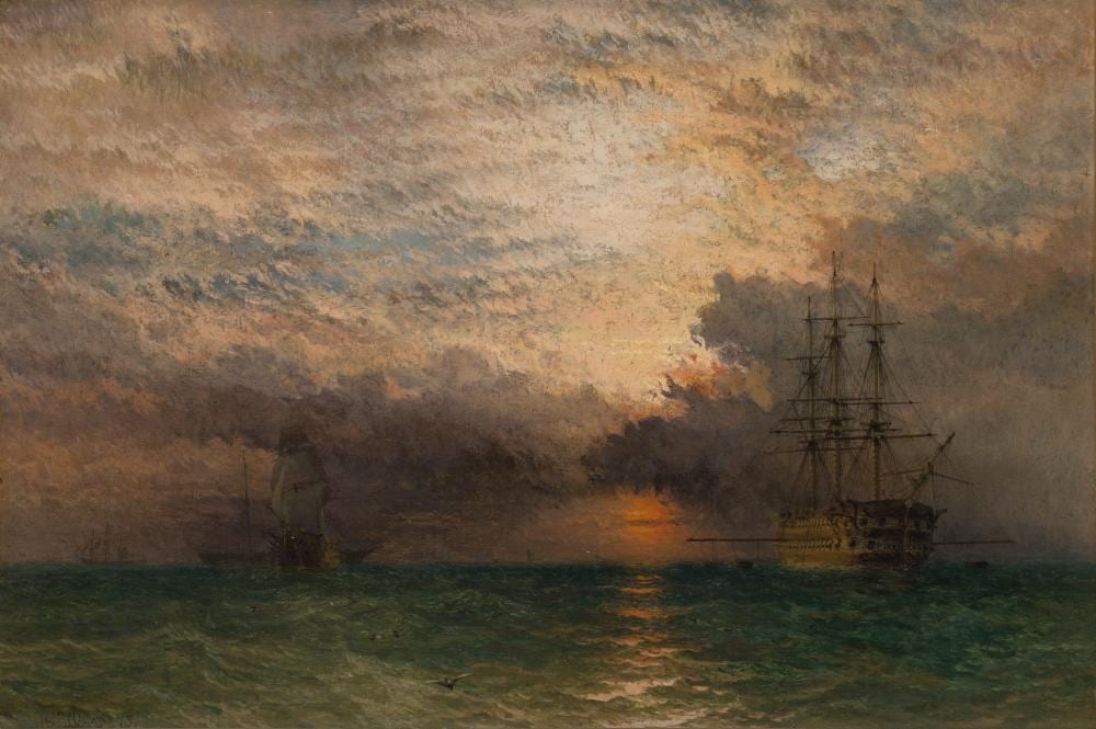 Henry Thomas Dawson comparable auction result: henry thomas dawson british 1841 1896 a two decker of the royal navy with sponson arms set at anchor at sunset