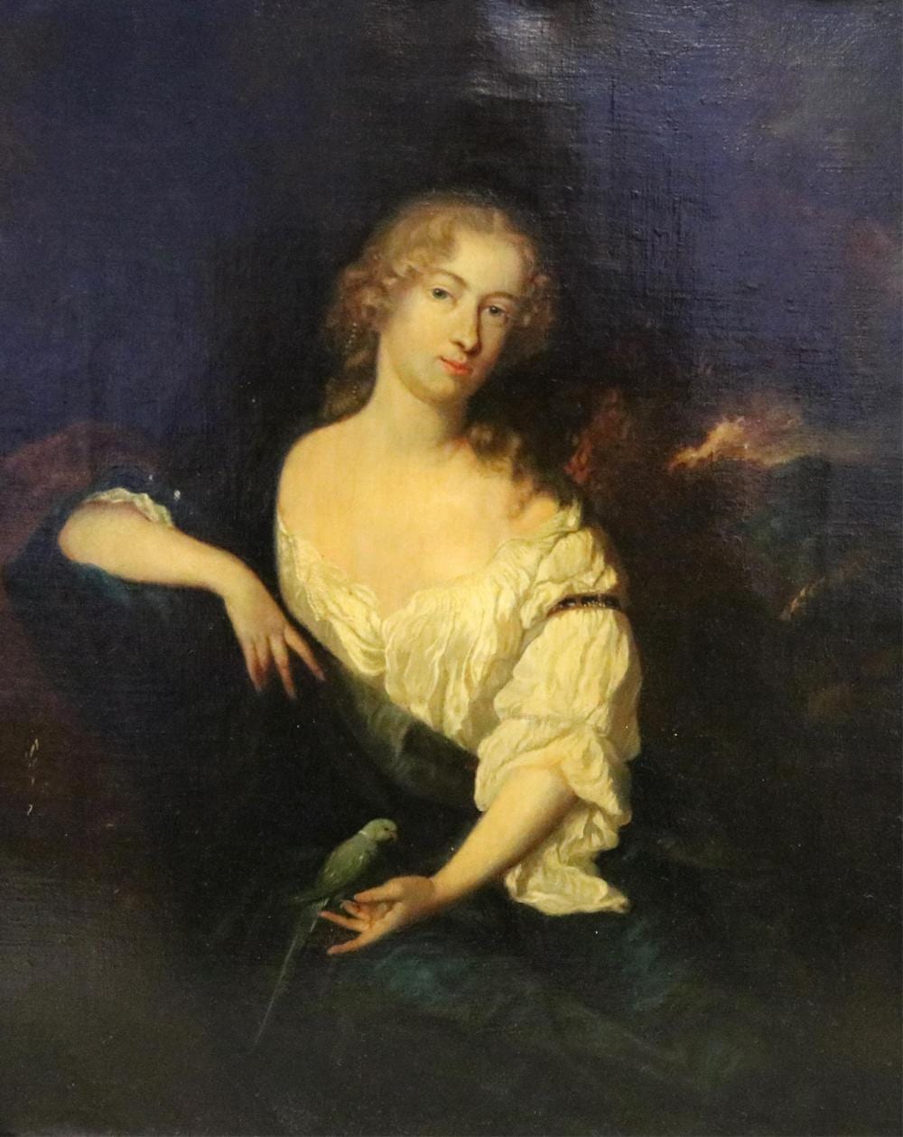 Caspar Netscher comparable auction result: caspar netscher after dutch lady with a parakeet oil on canvas 19 x 15 inches frame 20 x 16 inches