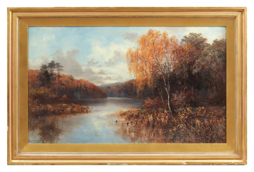 Douglas Adams comparable auction result: douglas adams british 1853 1920 an oil on canvas autumnal river landscape
