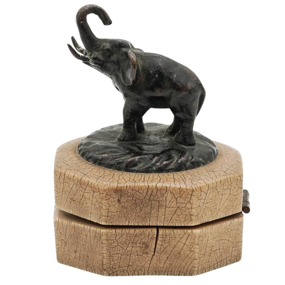 Bronze elephant figurine on top of a cracked light-tan pill box with a small side knob, shown against a white background.