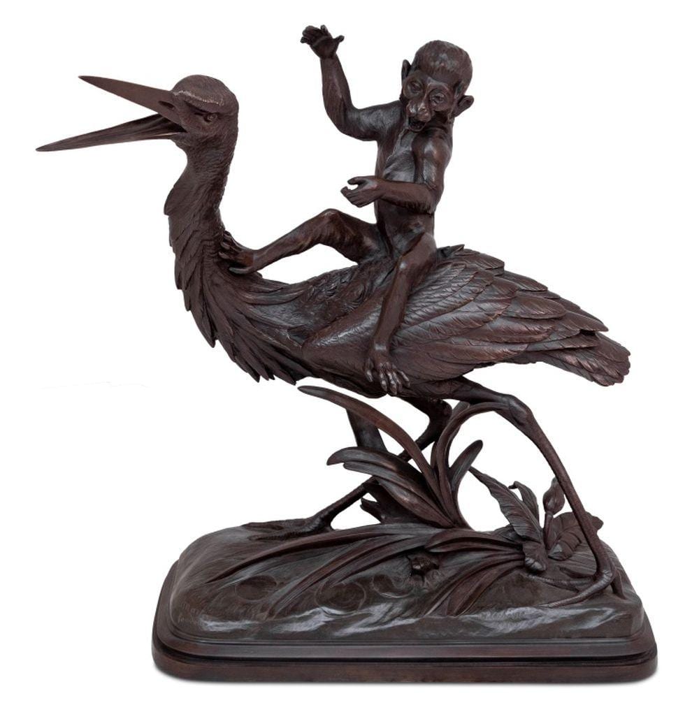 Henri Lechesne comparable auction result: henri lechesne heron and monkey patinated bronze