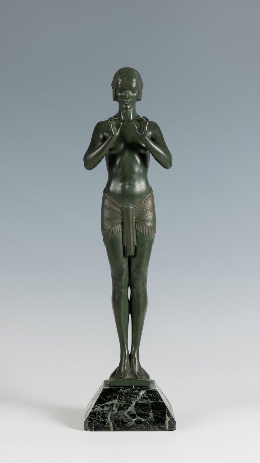 Max LeVerrier comparable auction result: max le verrier france 1891 1973 figure ca 1925 green patinated bronze marble pedestal signed