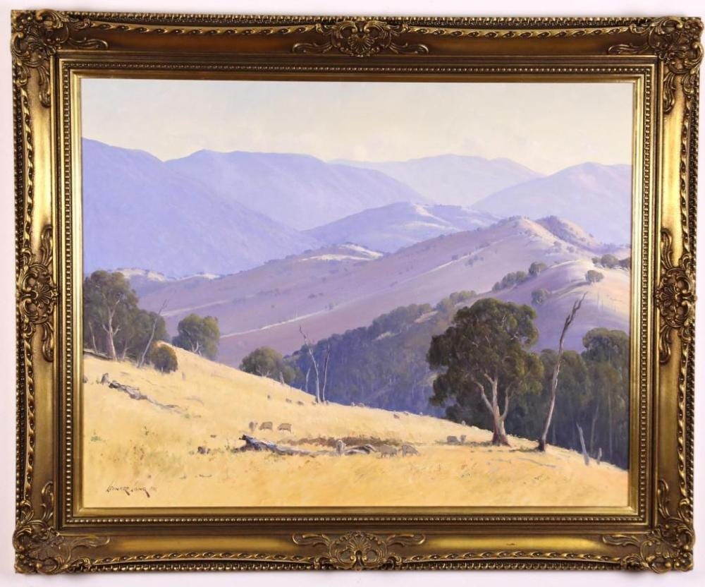 leonard long rolling hills oil on board signed lower left h 69 cm w 90 cm · Christian McCann Auctions · 2026-04-15 Leonard Long comparable auction result: leonard long rolling hills oil on board signed lower left h 69 cm w 90 cm