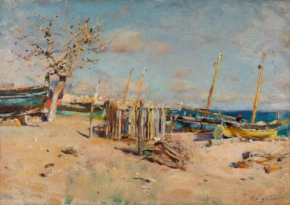 Joan (1852) Roig Soler comparable auction result: joan roig soler barcelona 1852 1909 beach oil on canvas restored with label of the sala par s on the back