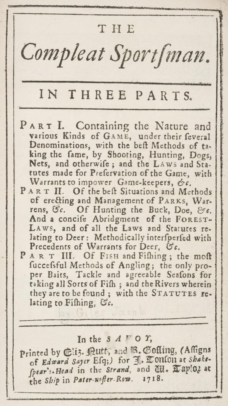 Josep Aragay i Blanchar comparable auction result: jacob giles the compleat sportsman in three parts 1st edition 1718