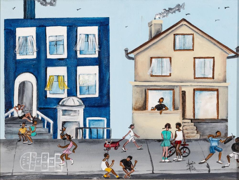 Annie Lee comparable auction result: annie lee american 1935 2014 oil on canvas 2003 hopscotch h 12 w 16 w 18 depth 22