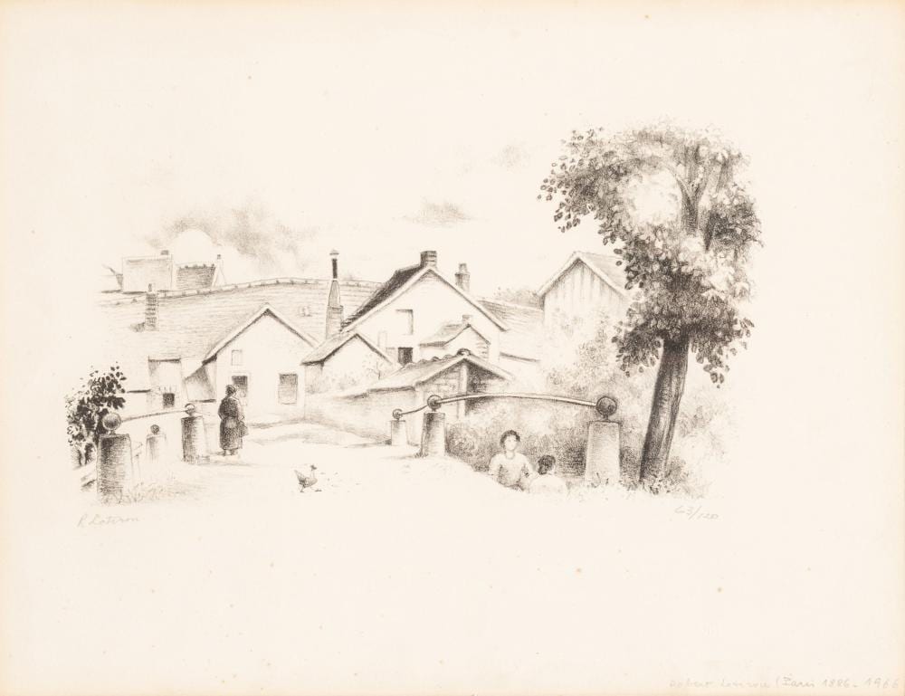 Robert Lotiron comparable auction result: robert lotiron french 1886 1962 lithograph on bfk rives paper 1950 l entree du village h 7 25 w 12 75