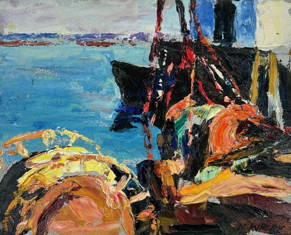 nancy whorf 1930 2009 draggers at dock oil on panel 8 x 10 · Bakker Auctions · 2026-04-11 Nancy Whorf comparable auction result: nancy whorf 1930 2009 draggers at dock oil on panel 8 x 10