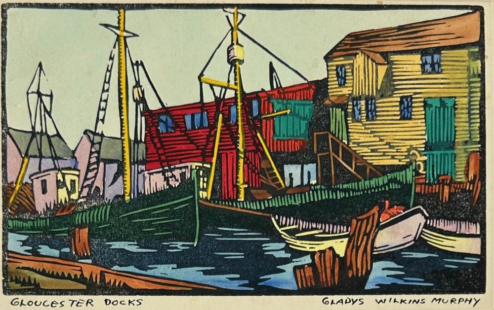 Gladys Wilkins Murphy comparable auction result: gladys wilkins murphy 1907 1985 gloucester docks colored woodblock print 3 x 5 image 8 x 10 framed