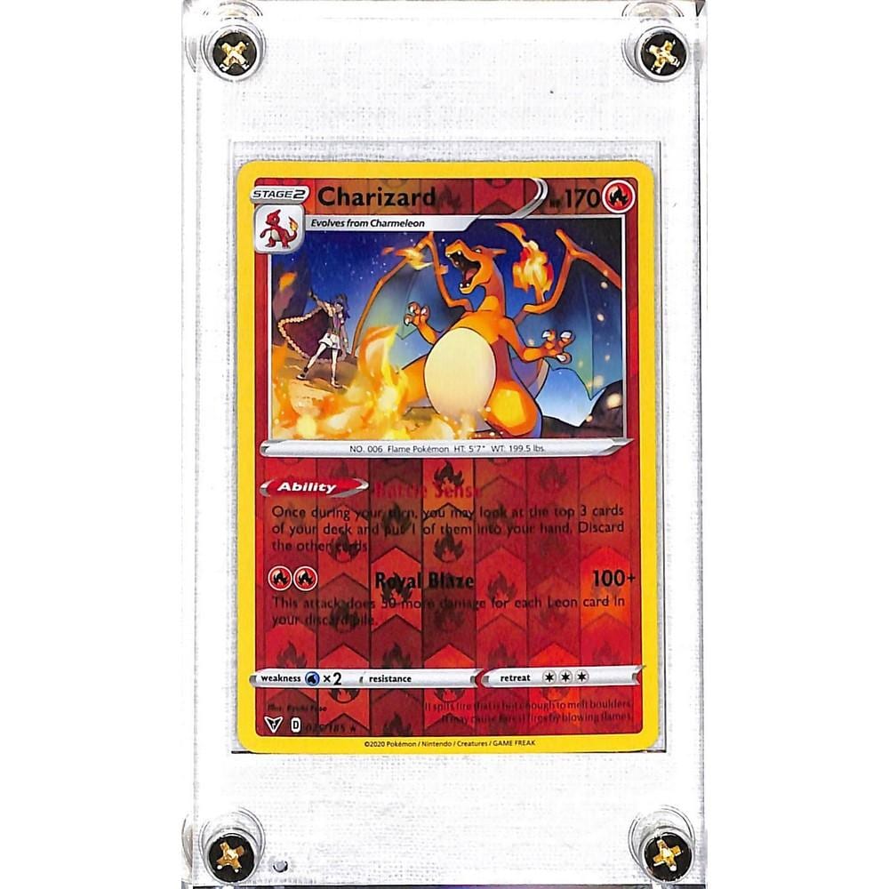 Pokémon trading card featuring Charizard in a red frame, shown inside a clear plastic holder with corner security labels.