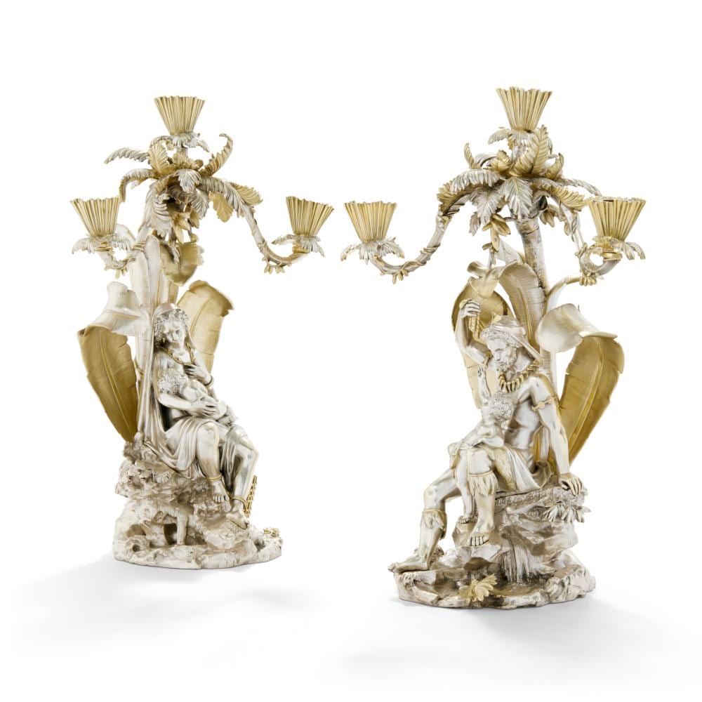 El Lizzitsky comparable auction result: a pair of victorian part gilded silver plated three light candelabra by el