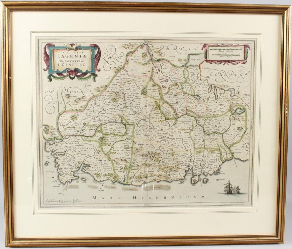 Jan Jansson comparable auction result: jan jansson 1588 1664 the countie of leinster hand coloured engraved map double sided frame 39 5 x 50
