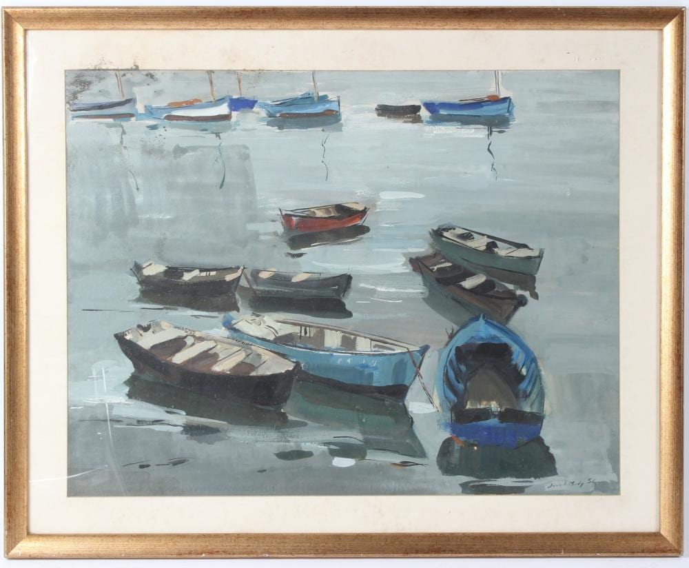 jean le merdy 1928 2015 moored boats off a beach watercolour gouache signed and dated 56 49 x 64cm · John Nicholson's Fine Art Auctioneers & Valuers · 2026-04-08 Jean LeMerdy comparable auction result: jean le merdy 1928 2015 moored boats off a beach watercolour gouache signed and dated 56 49 x 64cm