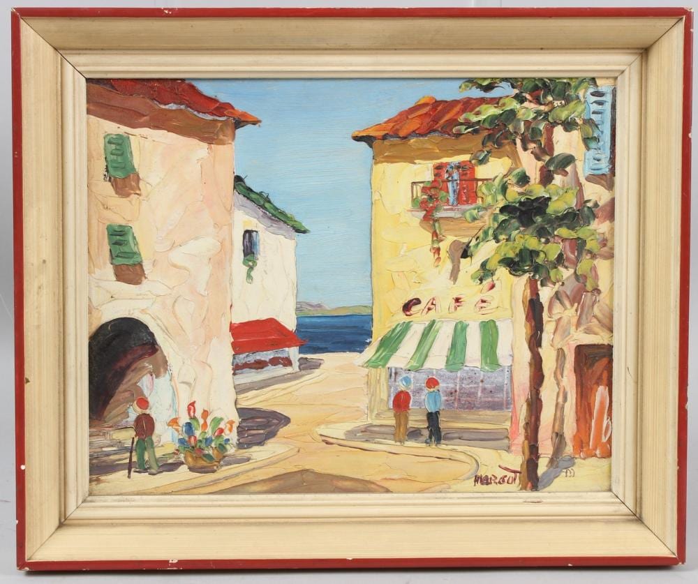 D'oyly John comparable auction result: margot riviera scene in the manner of d oyly john oil on board signed gallery label on backing board 2