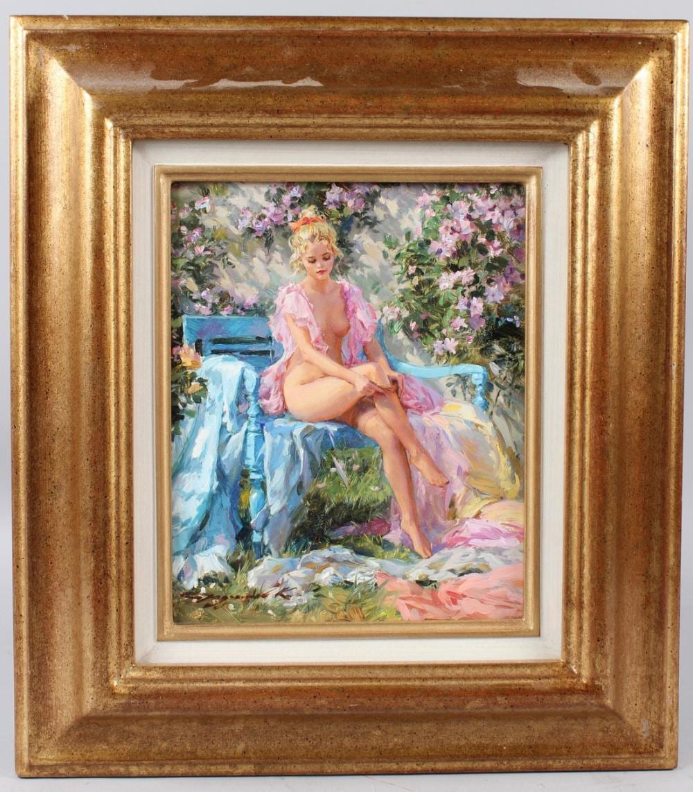 konstantin razumov b 1974 russian may sun semi naked lady seated on a bench oil on canvas signed insc · John Nicholson's Fine Art Auctioneers & Valuers · 2026-04-08 Konstantin Razumov comparable auction result: konstantin razumov b 1974 russian may sun semi naked lady seated on a bench oil on canvas signed insc