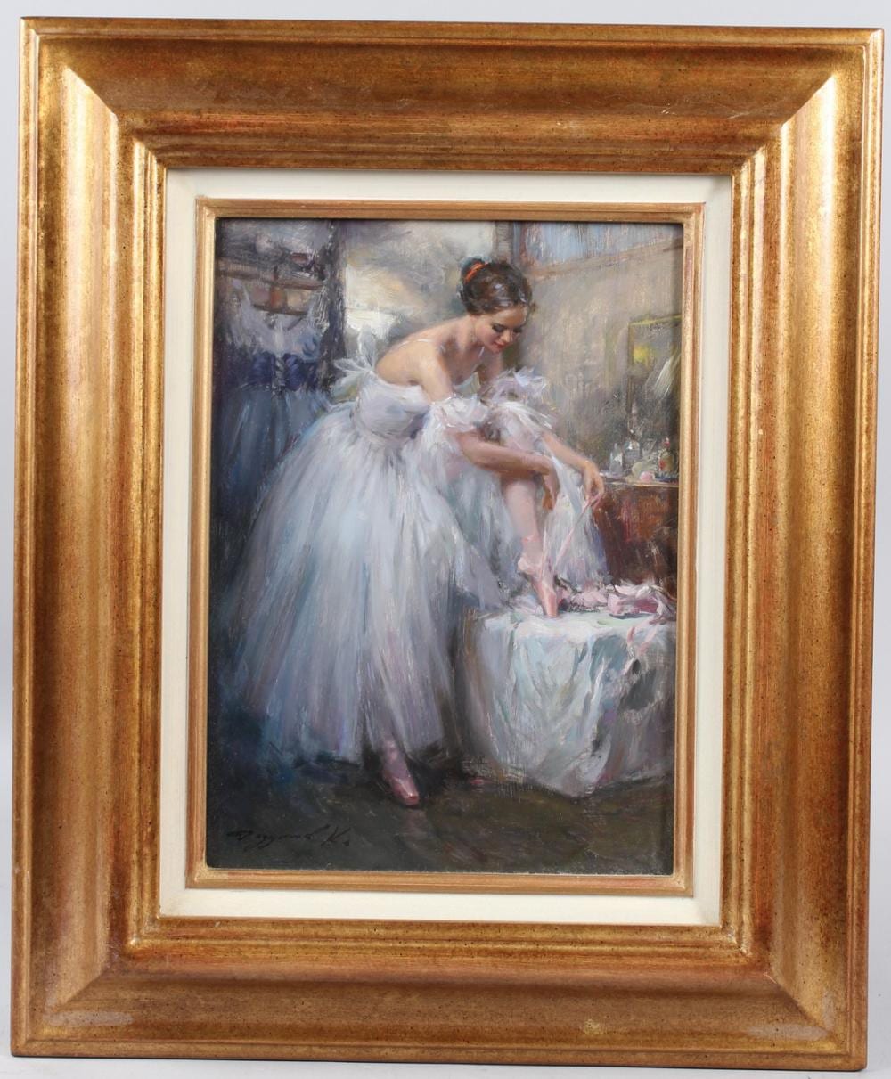 konstantin razumov 1974 russian dancer tying her laces oil on canvas signed inscribed on the reverse in · John Nicholson's Fine Art Auctioneers & Valuers · 2026-04-08 Konstantin Razumov comparable auction result: konstantin razumov 1974 russian dancer tying her laces oil on canvas signed inscribed on the reverse in