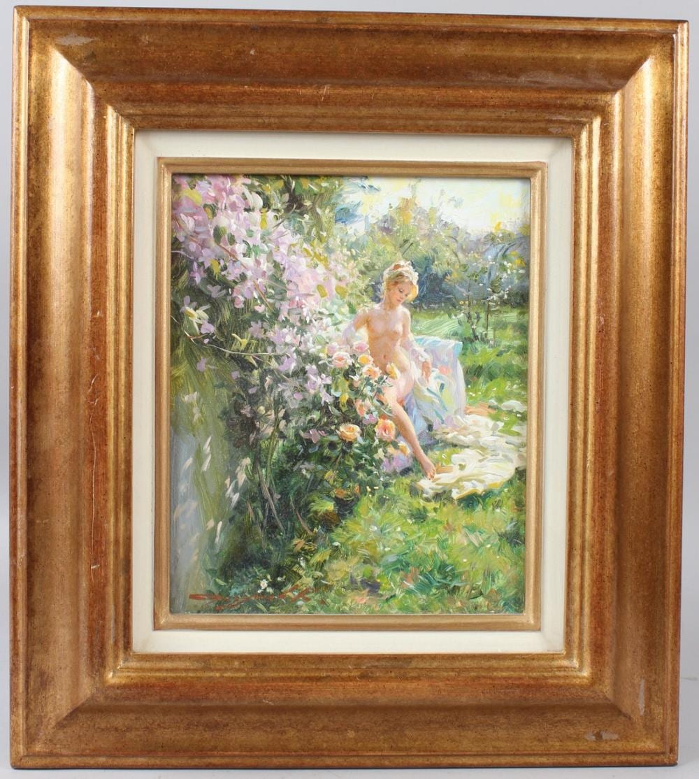 konstantin razumov b 1974 russian spring day naked lady seated by a rose bush oil on canvas signed in · John Nicholson's Fine Art Auctioneers & Valuers · 2026-04-08 Konstantin Razumov comparable auction result: konstantin razumov b 1974 russian spring day naked lady seated by a rose bush oil on canvas signed in