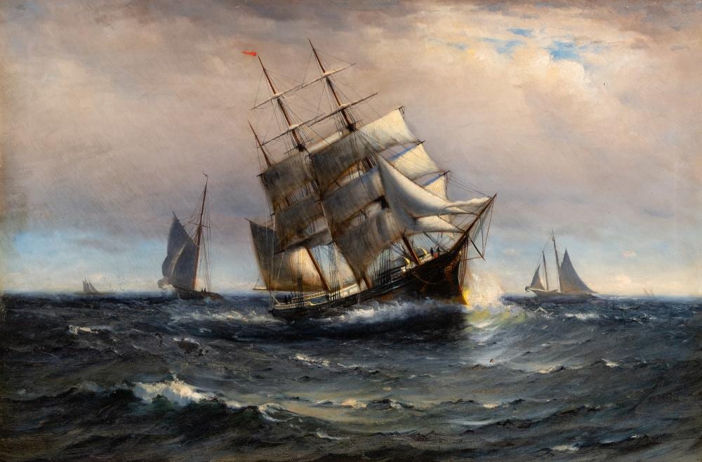 Marshall Johnson comparable auction result: marshall johnson am 1850 1921 clipper signaling a pilot oil on canvas framed
