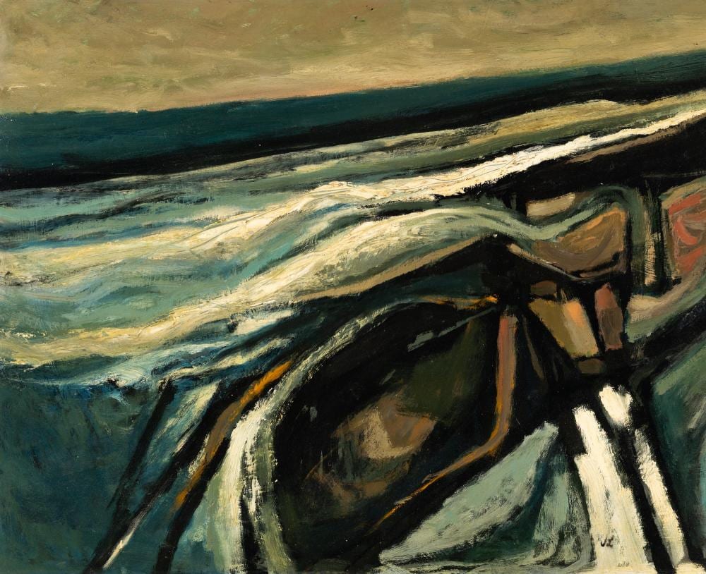John Laurent comparable auction result: john laurent am 1921 2005 sky before the storm 1962 oil on board framed