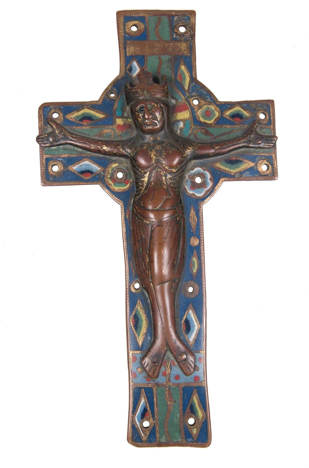 A IMPORTANT CENTRAL PLAQUE FROM THE COVER OF A GOSPEL BOOK, IN CHISELLED, ENGRAVED, AND GILDED COPPER WITH CHAMPLEVÉ ENAMEL. LIMOGES. FRANCE. ROMANESQUE. FIRST THIRD OF THE 13TH CENTURY. sold by La Suite Subastas, lot 2 — auction record photograph
