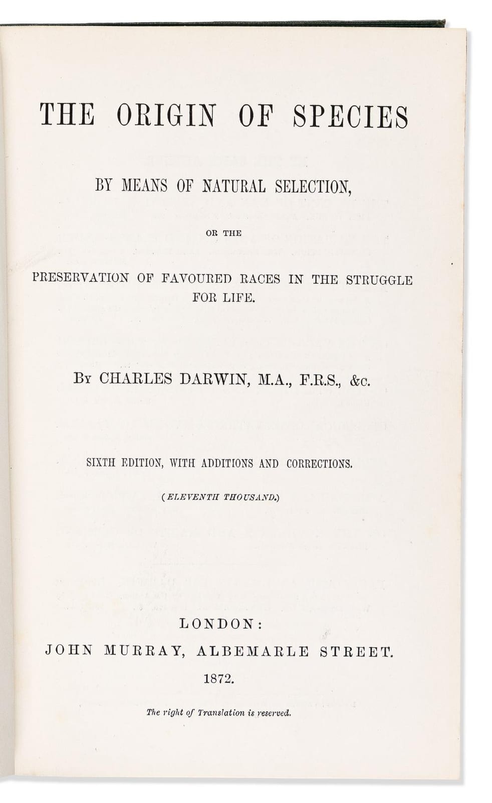 Charles Darwin comparable auction result: charles darwin 1809 1882 the origin of species london john murray 1872
