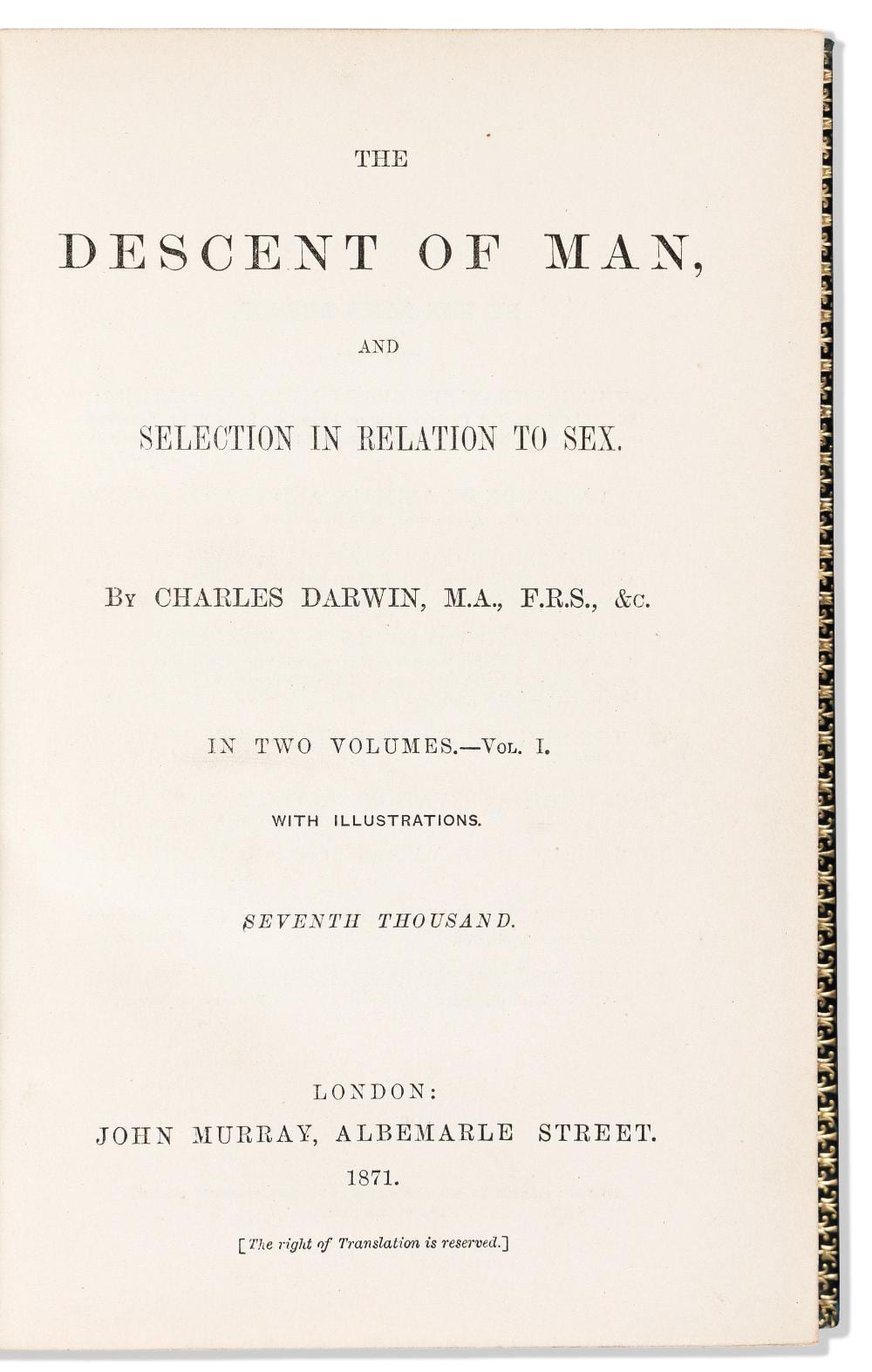 Charles Darwin comparable auction result: charles darwin 1809 1882 the descent of man and selection in relation to sex london john murray 1871