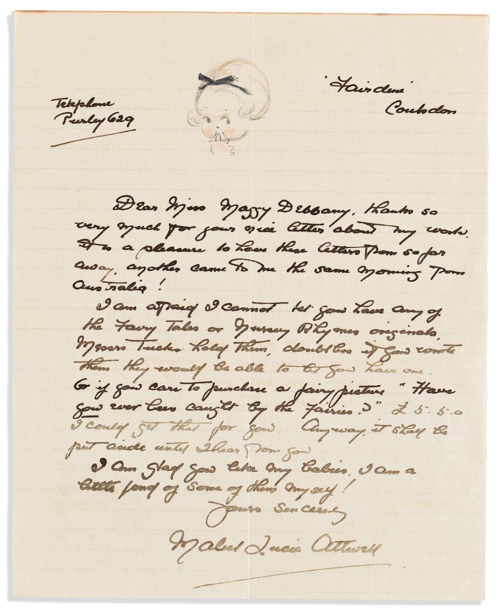 mabel lucie attwell 1879 1964 autograph letter signed with illustration autograph postcard signed · Swann Auction Galleries · 2026-04-23 Mabel Lucie Attwell comparable auction result: mabel lucie attwell 1879 1964 autograph letter signed with illustration autograph postcard signed