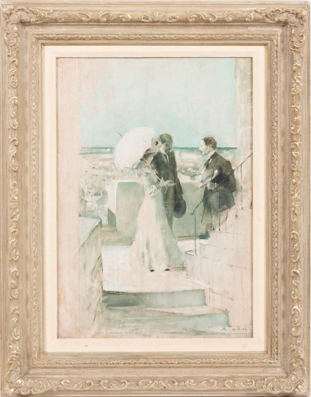 Antoine Calbet comparable auction result: antoine calbet cena de exterior com figuras leo sobre madeira dim aprox 47 x 37 cm