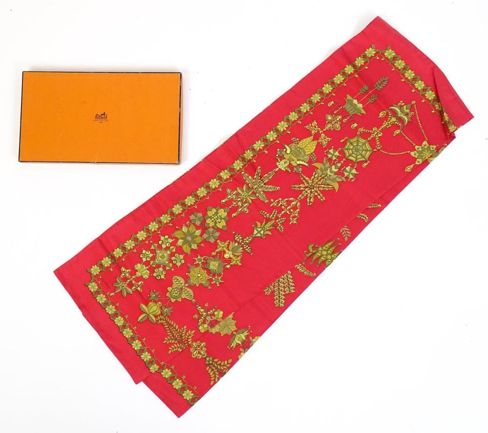 Henri Cornelis Gerard Marie Verstijnen comparable auction result: a red and gold silk scarf remodelled from a hermes scarf designed by henri