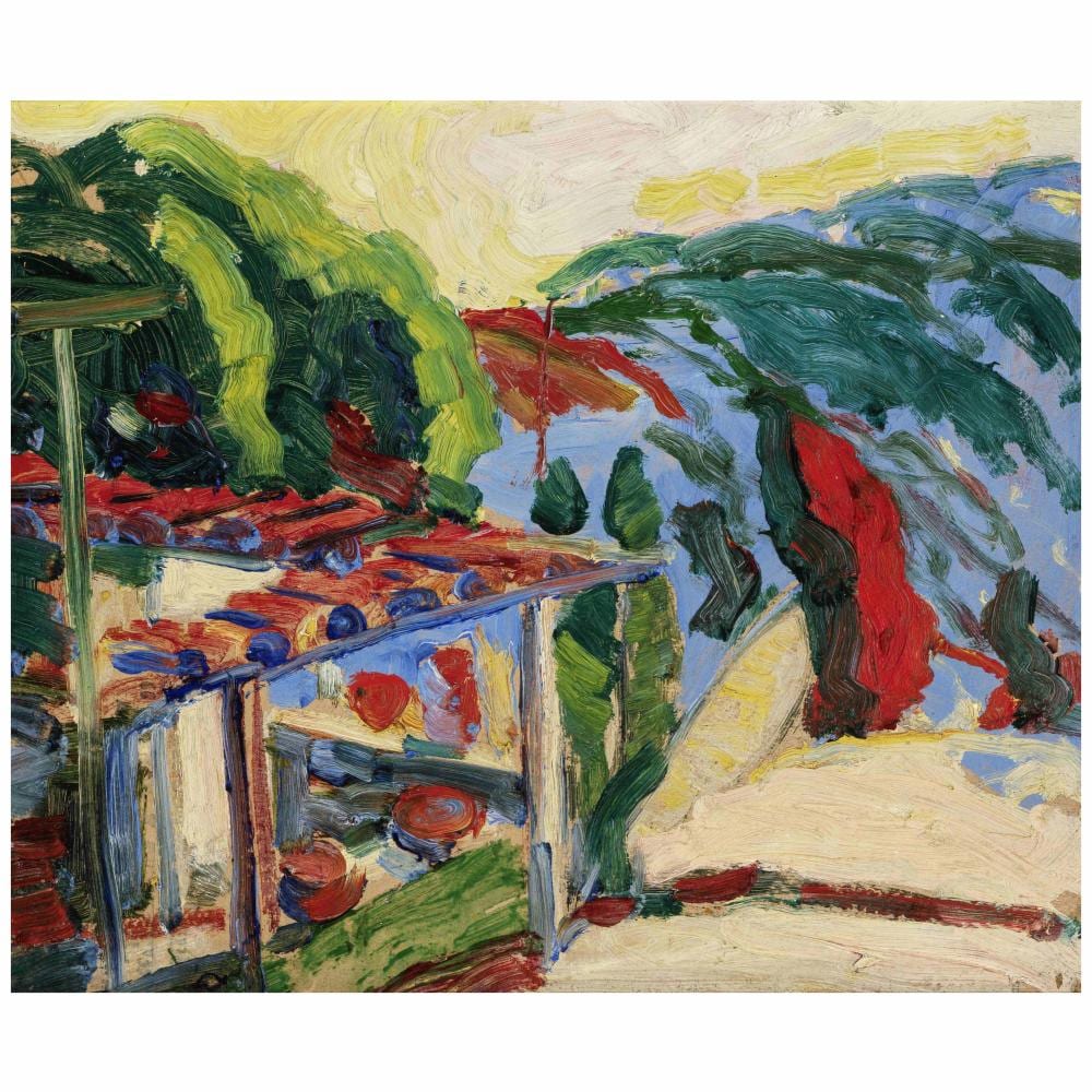 Selden Connor Gile comparable auction result: selden connor gile 1877 1947 cottage with red tile roof chow house 14 1 4 x 17 in painted circa 1920